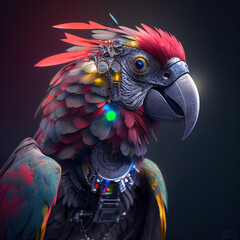 cyborg parrot, super realistic with vivid colors, soft lights, Generative AI