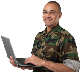 Military veteran using laptop isolated on white background