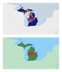 Michigan map with pin of country capital. Two types of Michigan map with neighboring countries.