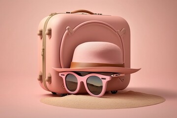 Pink luggage bag, sunglasses and beach hat. Vacation and departure on a trip.