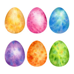  
Set of six multicolored Easter eggs watercolor elements isolated on transparent background
