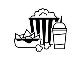 Popcorn, nachos and soda with straw. Cinema icon in flat design. vector illustration