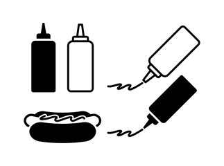 Fast food icons of mustard and ketchup dressing bottles. Hot dog icon.