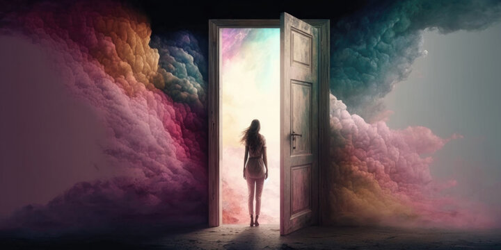 Woman Standing In Front Of The Open Glowing Door To A New World, Generative AI