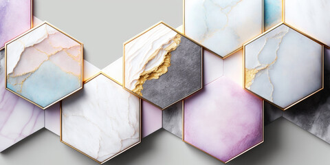 Marble hexagons with golden edges in pastel colors, Generative AI - 576822006