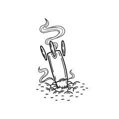 The rocket fell and stuck into the ground. Hand drawn doodle vector illustration.