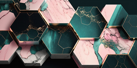 Fototapeta na wymiar Marble hexagons mosaic with golden details, Generative AI