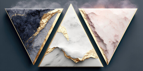 Marble triangles with golden edges and smoke effect, Generative AI