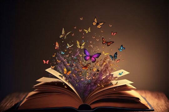 Colorful magical butterflies coming out of an opened book