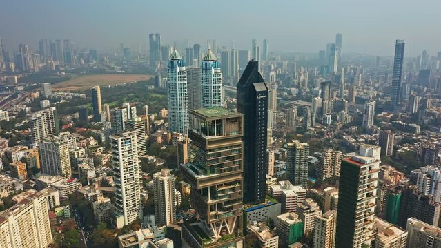 Mumbai skyline aerial drone view Mahalaxmi area, India, Maharashtra, 4k cinematic