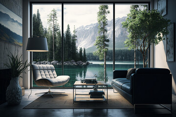 Modern Living room interior furniture, trees and lake view out of glass windows. generative AI