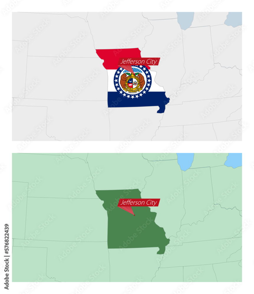 Wall mural Missouri map with pin of country capital. Two types of Missouri map with neighboring countries.