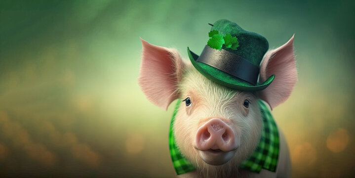 Pig in a green hat, Saint Patrick day illustration on blurred background. Generative AI