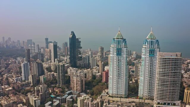 Mumbai skyline aerial drone view Mahalaxmi area, India, Maharashtra, 4k cinematic