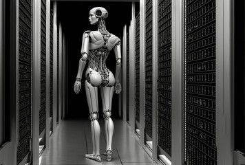 Fototapeta na wymiar This image depicts a humanoid robot that uses language modelling and an advanced algorithm to generate human-like conversations. It is composed of letters and sentences. Generative AI