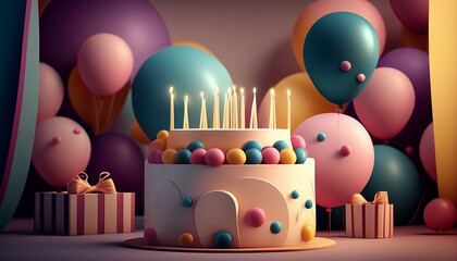 Realistic Happy birthday background with colorful balloons and beautiful cakes