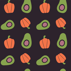 Vegetable seamless pattern with illustrations of avocado, paprika. Simple healthy food background with veggies for vegan menu, vegetarian merch, wrapping paper, fabric, wallpaper, packaging.