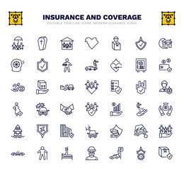 set of insurance and coverage thin line icons. insurance and coverage outline icons such as life insurance, family house, delivery bank safe, family care, burning car, savings, education
