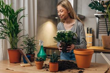 Young blond woman is looking instructions on tablet on how to properly put a plant in a pot