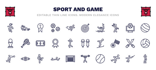 set of sport and game thin line icons. sport and game outline icons such as wushu, second prize, dartboard with dart, exercise ball, basketball court, shin guards, ice skating man, volleyball