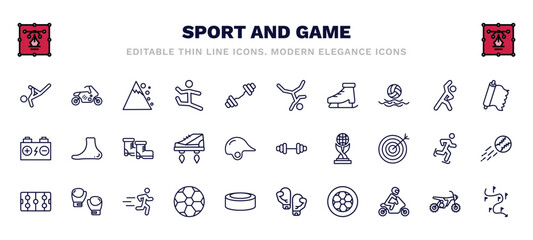 Naklejka premium set of sport and game thin line icons. sport and game outline icons such as capoeira, snow slide zone, breakdance, foil, ski boots, gym weight, hockey arena, football ball, football ball circular,