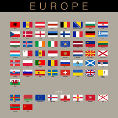 Europe set of official national flags of the world and other territories. Alphabetical order. Vector design illustration