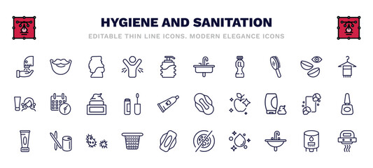 set of hygiene and sanitation thin line icons. hygiene and sanitation outline icons such as dryer, body shaming, washbasin, face towel, face cream, sanitary napkin, body cream, laundry basket, - obrazy, fototapety, plakaty