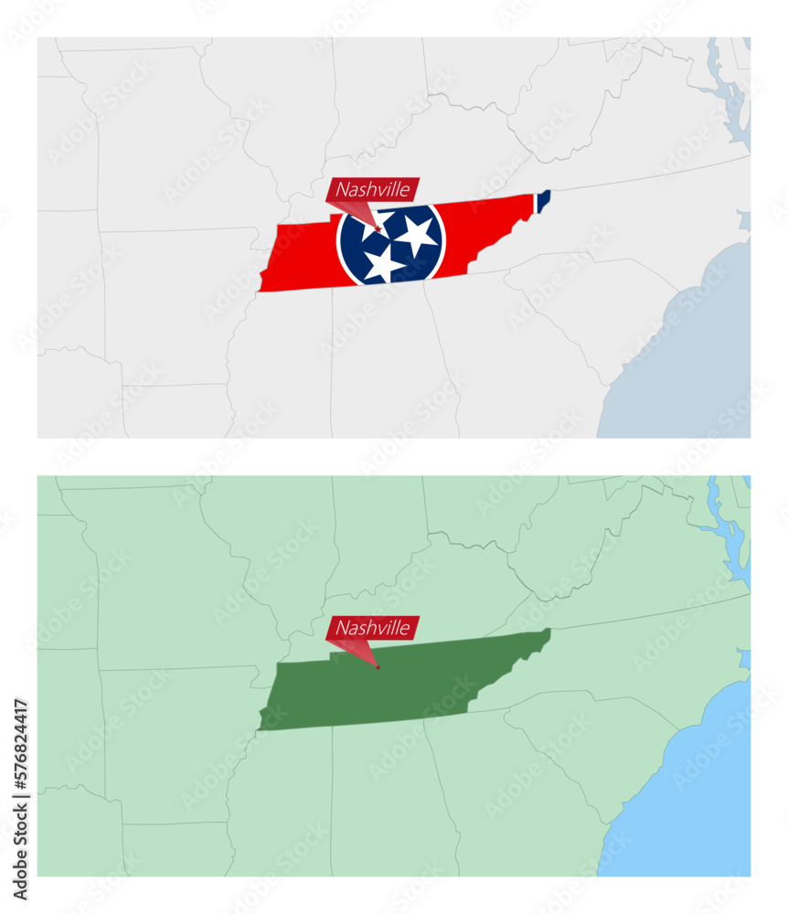 Wall mural tennessee map with pin of country capital. two types of tennessee map with neighboring countries.