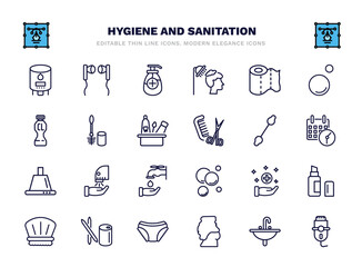 Naklejka premium set of hygiene and sanitation thin line icons. hygiene and sanitation outline icons such as water heater, antiseptic, paper towel, toilet brush, cotton swab, dryer, sanitary, toothpick, body