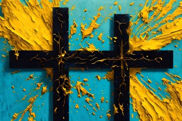 Oil Paint of Christian cross with golden paint splatter graphic background. Generative AI