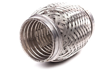 a part of a car muffler. corrugation. metal part. white background.