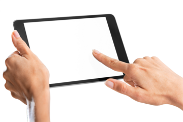 Human hands Holding digital tablet with blank screen isolated on white