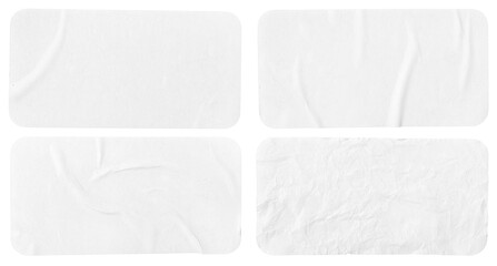 Set of four crumpled paper sheets, each of which is isolated. Rectangle shape has rounded edges. Template mockup