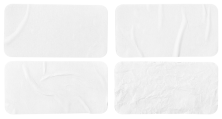Set of four crumpled paper sheets, each of which is isolated. Rectangle shape has rounded edges. Template mockup