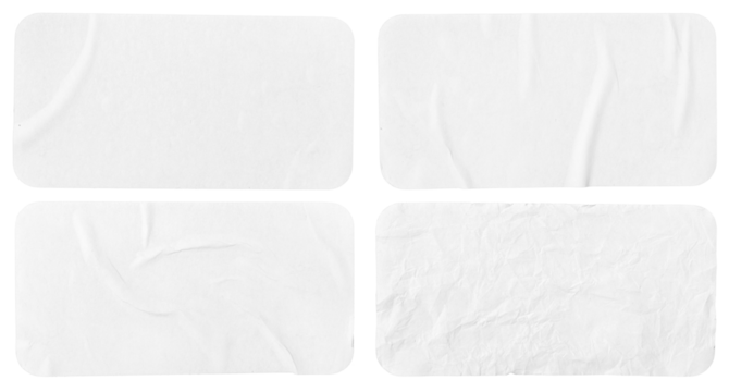Set of four crumpled paper sheets, each of which is isolated. Rectangle shape has rounded edges. Template mockup