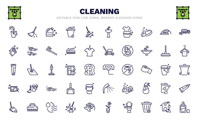 set of cleaning thin line icons. cleaning outline icons such as faucet cleanin, bleach cleanin, washing cleanin, hands cream compress window dustpan perfume vector.
