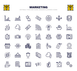 set of marketing thin line icons. marketing outline icons such as diagrams, appreciation, on, pig bank, yield, business eye, place, upload to cloud, webcode vector.