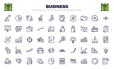 set of business thin line icons. business outline icons such as man talking, currencies, money convert, graphic panel, paper graphic, money finder, dollar coins stack, finance, reader vector.