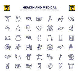 set of health and medical thin line icons. health and medical outline icons such as weightlifting, ophthalmology, medical substance, yoga mat, ampoule, running, result, contraceptive pills, fast