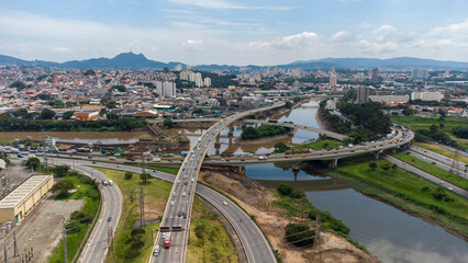 aerial view of Complexo do Cebolão is a set of bridges and viaducts in the region where the Tietê and Pinheiros rivers meet, in the city of São Paulo, Brazil. View from the bridges.
