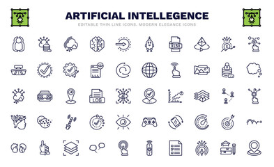 set of artificial intellegence thin line icons. artificial intellegence outline icons such as users, cloud computing, xlsx, rearview mirror, big data, visit, intelligence, turing test, geolocation