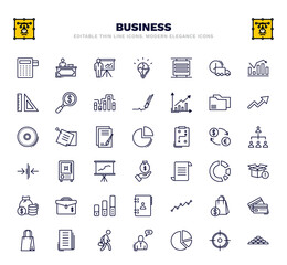 set of business thin line icons. business outline icons such as reader, graphic panel and man, basic burger, two folders, pie graphic, big safe, empty box, lines, employee going to work vector.