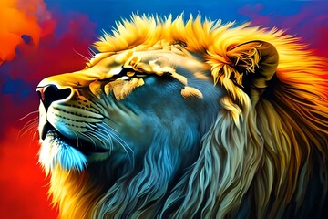 Oil Paint of Jesus with a lion, on beautiful colorful background with hint of space feeling, lion profile portrait. Generative AI