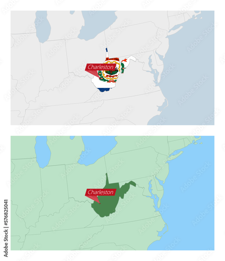 Wall mural West Virginia map with pin of country capital. Two types of West Virginia map with neighboring countries.