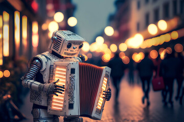 A realistic robot playing the accordion in the romantic and picturesque lights of a big city at night, a perfect image to illustrate the future. Generative AI