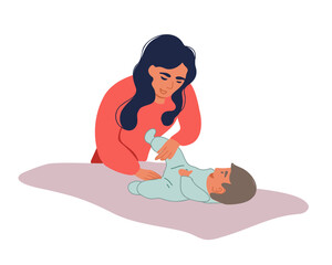 Mom changes the baby's clothes. Flat vector illustration