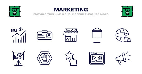 set of marketing thin line icons. marketing outline icons such as id, shop, banner, web shop, marketing presentation, presentation, ad blocker, appreciation, video promote vector.