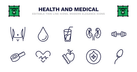 set of health and medical thin line icons. health and medical outline icons such as blood, juice, urology, gym, measure tape, measure tape, beat, nutrition, medical shield, spermatozoon vector.