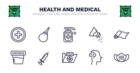 set of health and medical thin line icons. health and medical outline icons such as enema, desinfectant, salt, yoga mat, urine, urine, injection, medical file, neurology, mask vector.