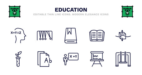 set of education thin line icons. education outline icons such as newton cradle, book with bookmark, reading an open book, archimedes principle, plant sample, plant sample, various files, teacher - obrazy, fototapety, plakaty